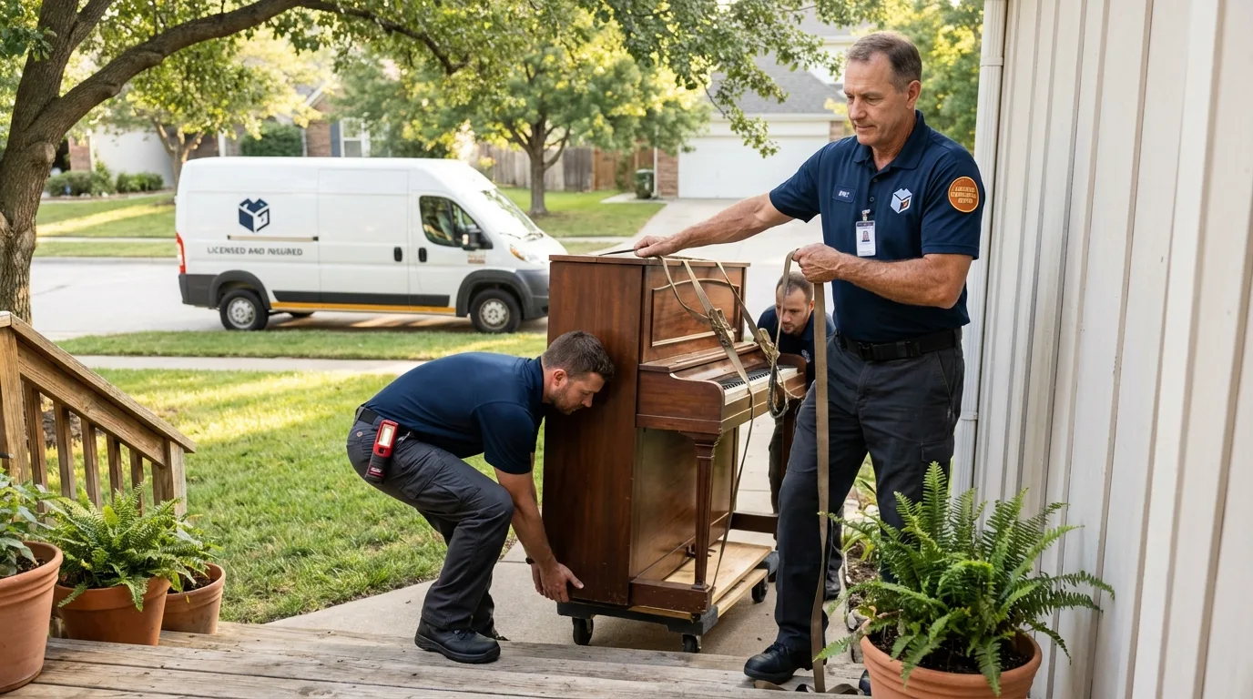Licensed piano movers securing grand piano in Carthage, NC
