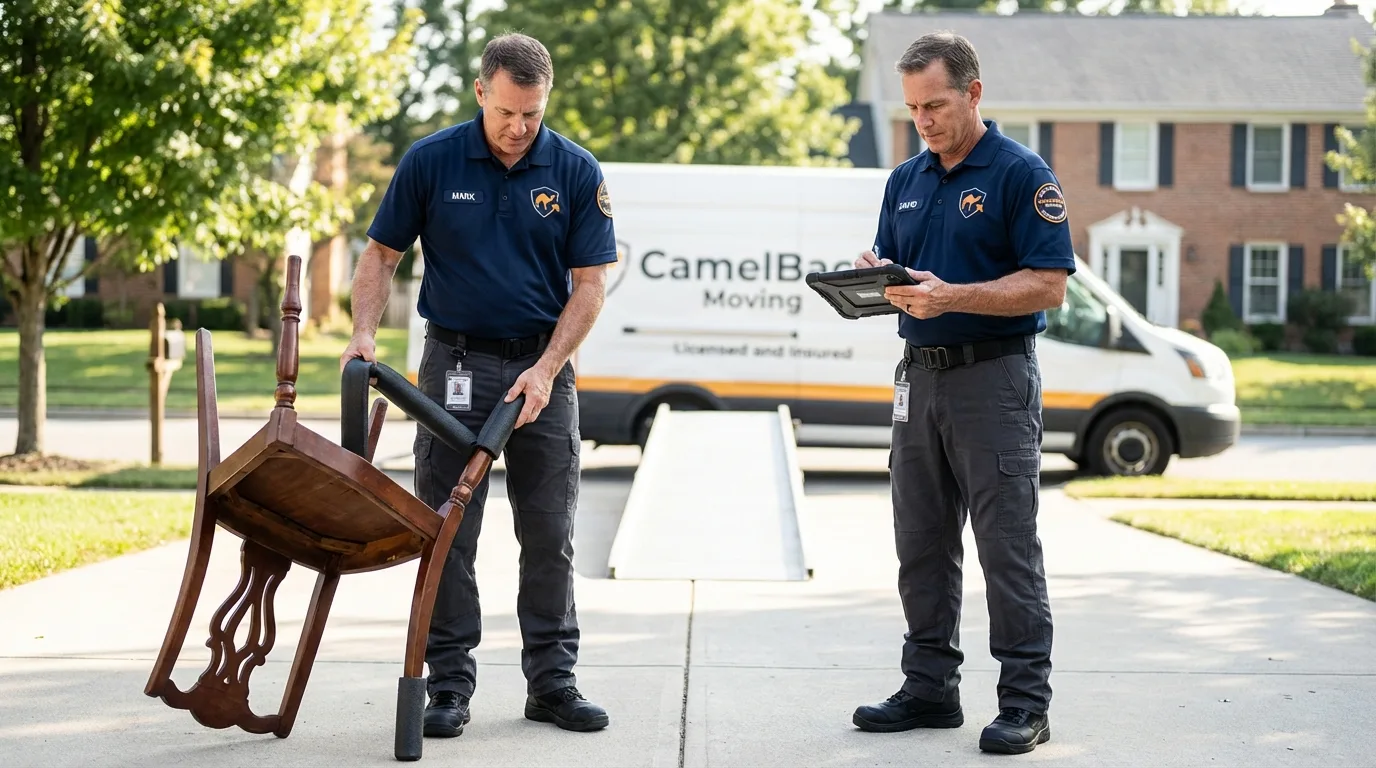 Movers inspecting furniture for damage prevention before loading in Carthage, NC